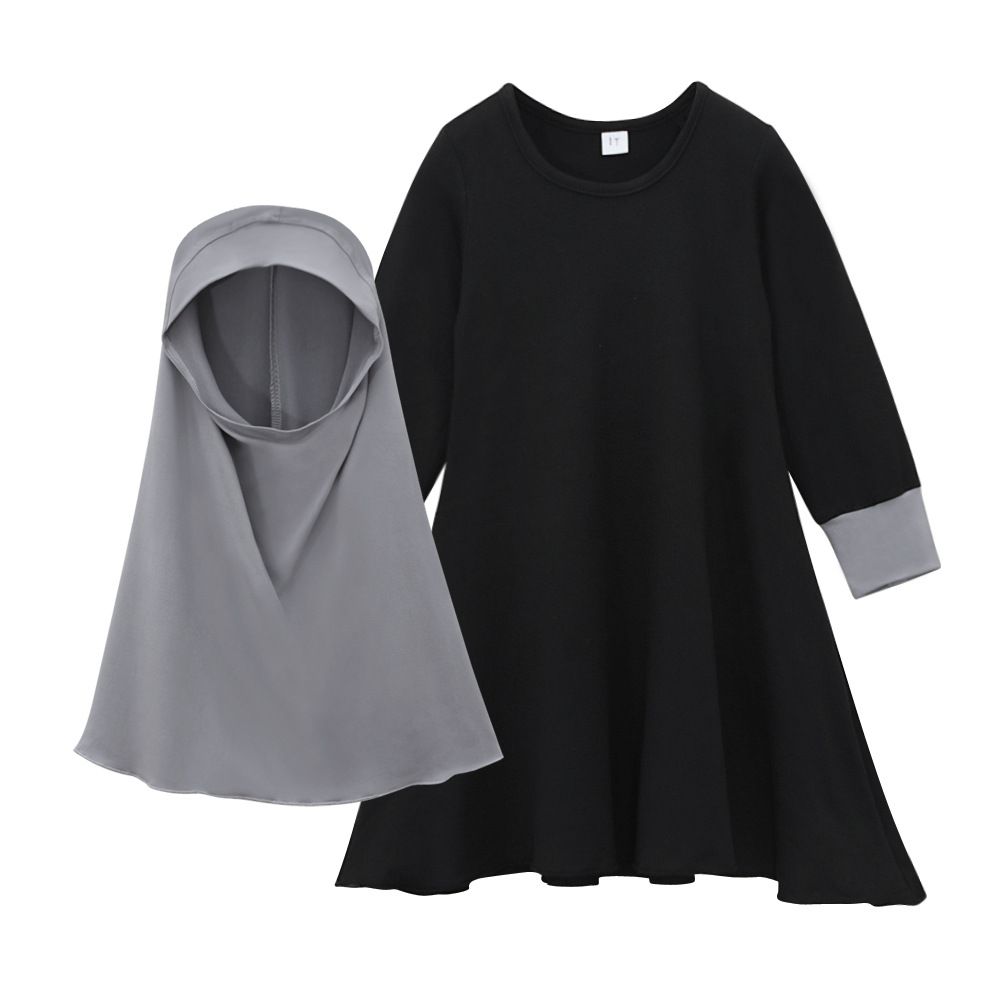 Kids’ Clothing Solid Color Long Sleeved Dress + Solid Color Headscarf Two Piece Children's Clothing Ins_viptrois.com