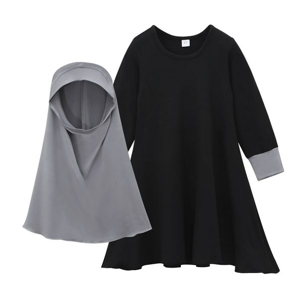 Kids’ Clothing Solid Color Long Sleeved Dress + Solid Color Headscarf Two Piece Children's Clothing Ins_viptrois.com