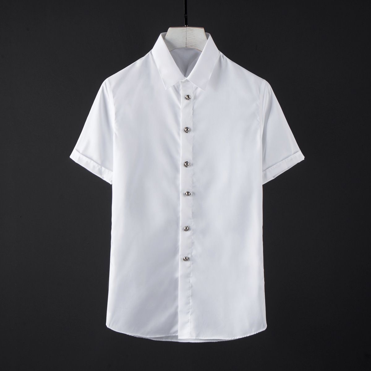 Men's Slim Fit Cotton Shirt Short Sleeve Gold Round Buttons Casual Modern Black White Workwear Inelastic Single Breasted_viptrois.com