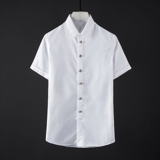 Men's Slim Fit Cotton Shirt Short Sleeve Gold Round Buttons Casual Modern Black White Workwear Inelastic Single Breasted_viptrois.com