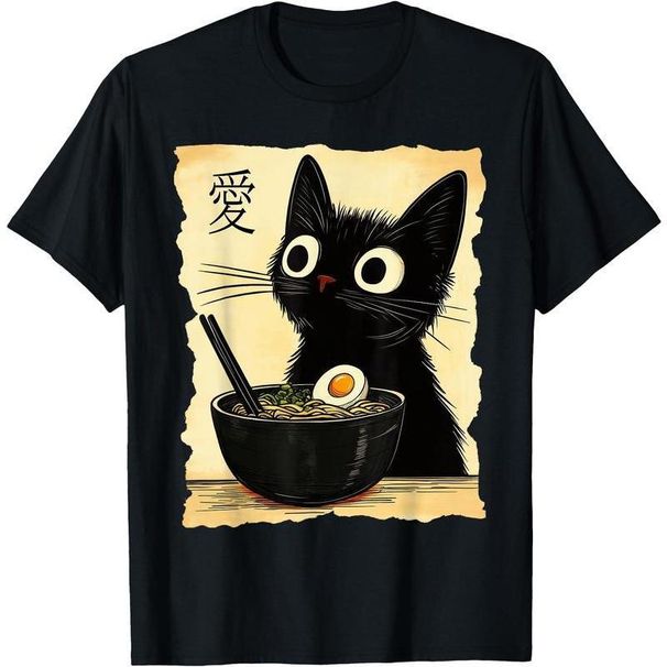 divertida Moda Gráfica Gato Ramen Divertido, Anime Kawaii Japonesa - Camiseta Deportiva Suelta 100% Para Hombres Y_viptrois.com