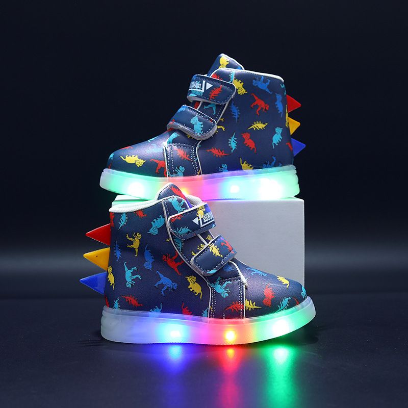 New Style Boots Girls Sports Shoes Leather Surface Colorful Dinosaur LED Light Up Children's Shoes 1 6 Years Old Boys Sports Casual Shoes_viptrois.com