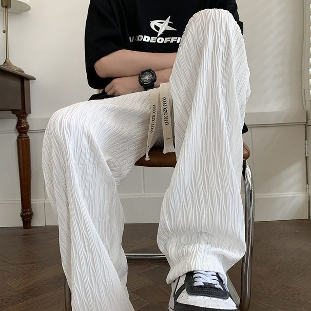 Men's Clothing Textured Trendy Loose Straight Wide Leg Pants White Casual Trousers Drape Ice Silk Pants_viptrois.com