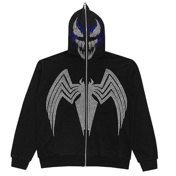 Street Hip-Hop Spider Bone Patch Rhinestone Black Zip-Up Hoodie 2022 Y2K Harajuku Outerwear Sweatshirt For Women_viptrois.com