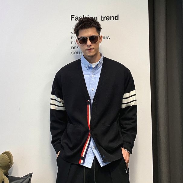 V-Neck Knitted Cardigan Sweater For Men, Spring And Autumn New Trendy Brand Style Casual Jacket Top_viptrois.com