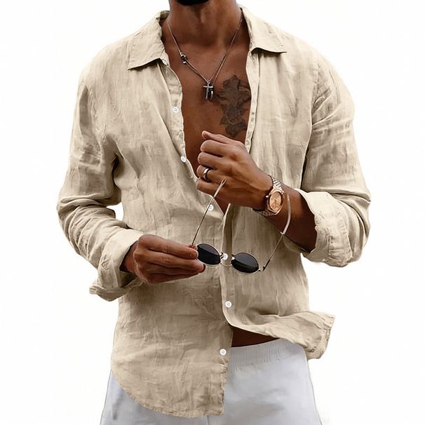 Men's Spring Linen Long Sleeve Shirt, Casual Solid Color Lapel Lightweight Open Front Blouse, Versatile Breathable Relaxed Fit Shacket_viptrois.com