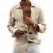 Men's Spring Linen Long Sleeve Shirt, Casual Solid Color Lapel Lightweight Open Front Blouse, Versatile Breathable Relaxed Fit Shacket_viptrois.com