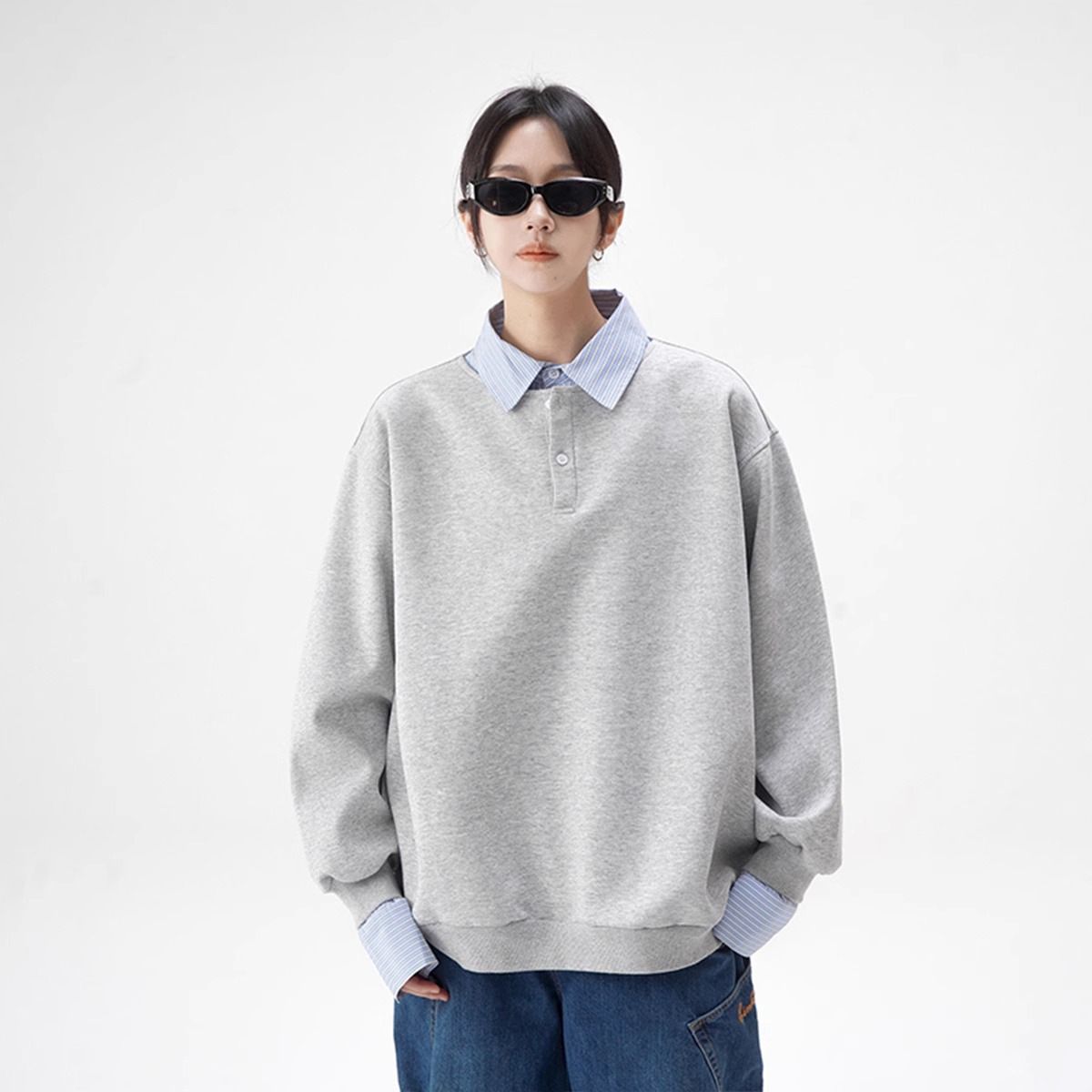 Men's Clothing Faux Two Piece Color Blocked Design Shirt Collar Sweatshirt Men's Spring And Autumn New Loose Trendy Versatile Couple Jacket Top_viptrois.com