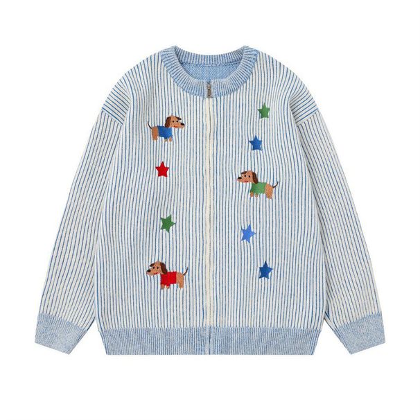 Unique Cartoon Puppy Embroidery Vertical Striped Knitted Jacket For Men With A Sense Of Design Trendy Zipper Round Neck_viptrois.com