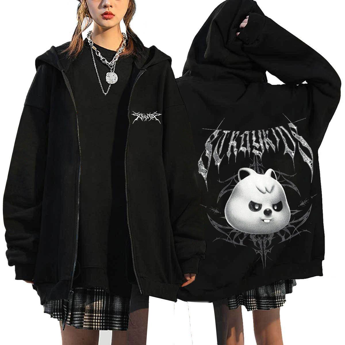Stray Kids Inspired Zip-Up Hoodie With Harajuku Print - Oversized Unisex Pullover With Front Pockets, Fleece Lined For Comfort_viptrois.com