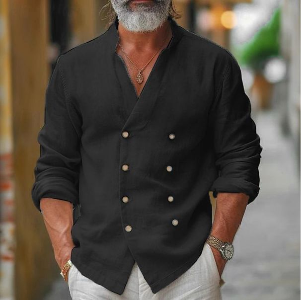 Men's Clothing Double Breasted Shirt Home Leisure Fashion Stand Up Collar Shirt Cotton And Linen Long Sleeved Cardigan Jacket_viptrois.com