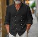 Men's Clothing Double Breasted Shirt Home Leisure Fashion Stand Up Collar Shirt Cotton And Linen Long Sleeved Cardigan Jacket_viptrois.com