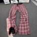 American Retro Red Plaid Pants Men's Autumn Heart Pleated Contrasting Plaid Pants Scimitar Straight Slightly Pulled Trousers_viptrois.com