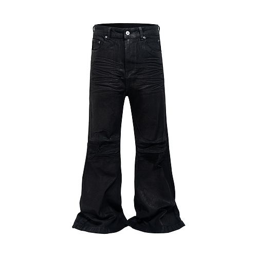 Men's Clothing High Street Waxed Coated Wide Leg Jeans With Ripped Patches Loose Flared Pants_viptrois.com