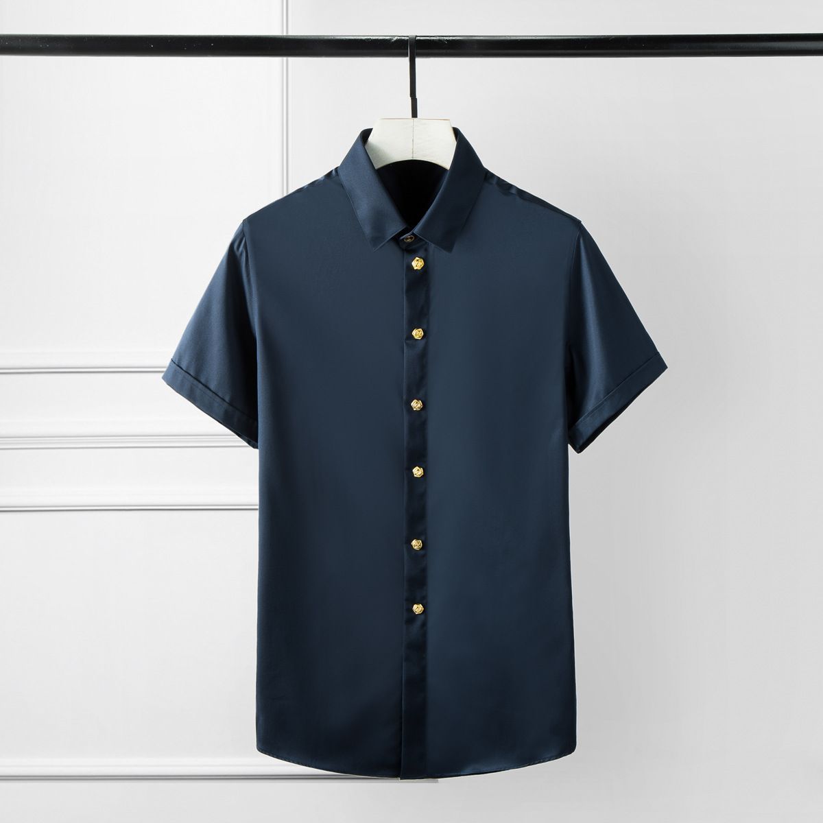 Men's Rose Gold & Bronze Embellished Short Sleeve Casual Shirt Fashionable Printed Polyester Shirt For Summer White Black_viptrois.com