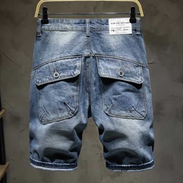 T Multi Pocket Workwear Denim Shorts Trendy Brand Loose Straight Leg Five Quarter Men's Summer Thin Cut Ripped Pants_viptrois.com