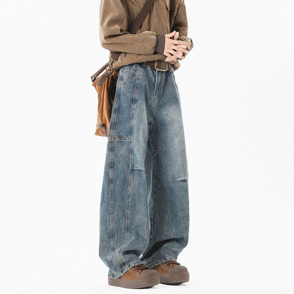 Men’s Vintage Washed Distressed Jeans – Light/Dark Blue, Loose Straight Fit, American-Style Denim Pants (S-XXXL)_viptrois.com
