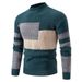 Men's Color-Block Semi-Turtleneck Sweater – Oversized Pullover Knit With Contrast Panels (Black/White/Khaki+Green)_viptrois.com