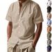 Men's Linen Shirt Short Sleeve, Casual Solid Color Stand Collar Open Front Shirt, Lightweight Breathable Summer Beach Shirt_viptrois.com