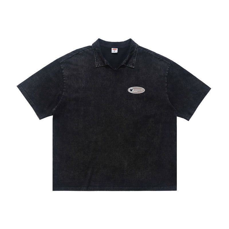Washed Vintage-style Large Print Short-sleeve Polo T-shirt High Street Pure Cotton_viptrois.com