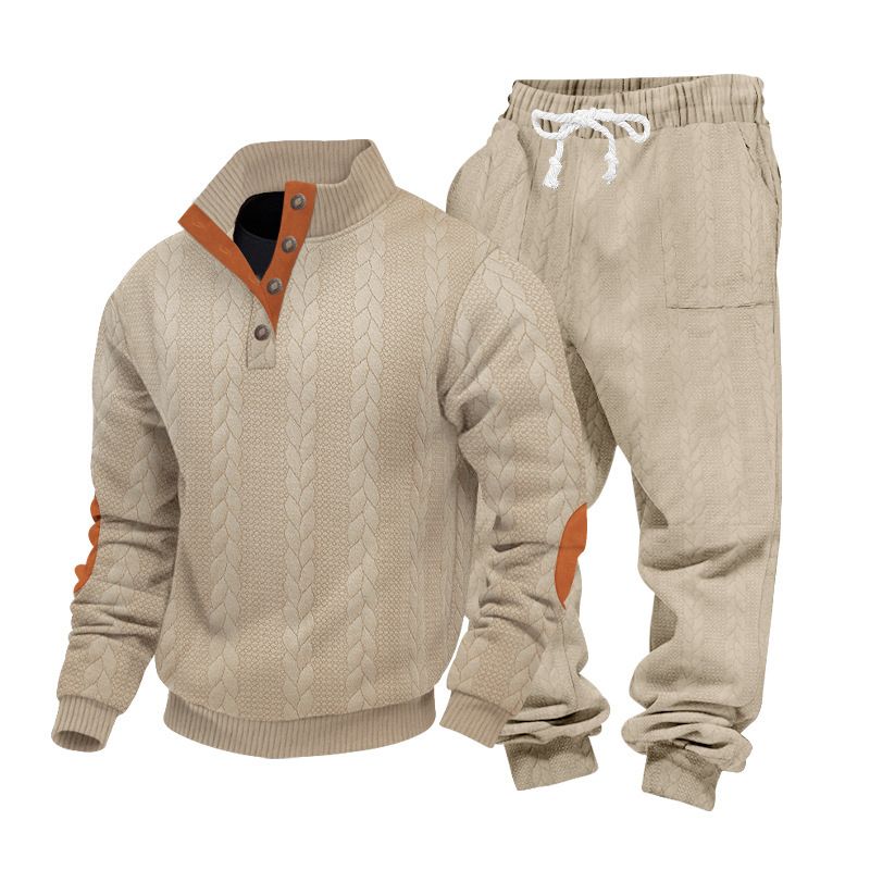 Men's Casual Trousers Suit Heavy Texture Pattern Trend Stand Collar Henry Sweatshirt American Style Autumn Winter Loose_viptrois.com