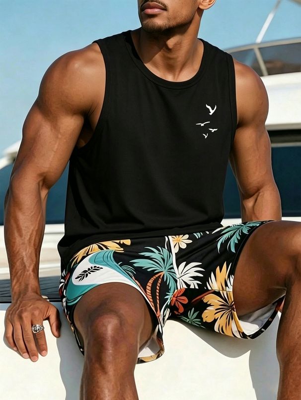 Canotta Uomo Girocollo 100% Cotone Stampa Gabbiani Traspirante Senza Maniche Vacanze Spiaggia Estivo Casual Multicolore_viptrois.com