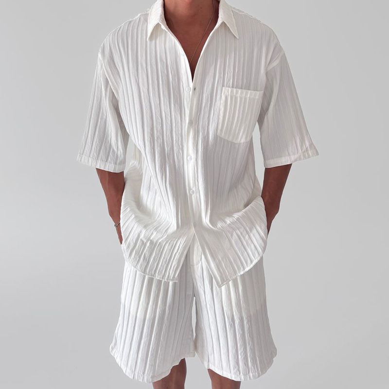 Men's Clothing Casual Fashion Sports Suit Striped Shirt Loose Shorts_viptrois.com