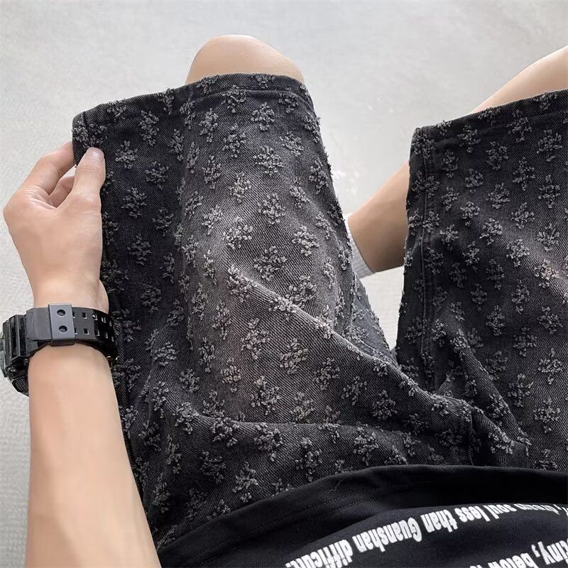 Men's Retro Trendy Distressed Denim Shorts Loose Straight Leg Five Point Jacquard Pants American Niche Trendy Brand_viptrois.com