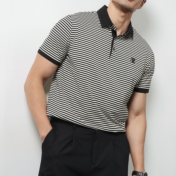 Xiaohongshu Blogger Wears Summer Clothes New Men's Lapel Striped POLO Shirt Urban Casual Short-sleeved Polo Shirt Cotton_viptrois.com