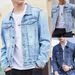 Men's Denim Jacket With Floral Print, Loose Fit Casual Long Sleeve Shirt Coat For Spring & Autumn, Youth Trendy Open Front Coat_viptrois.com