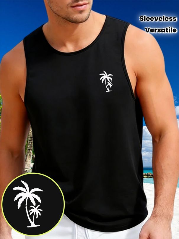 Canotta Uomo Girocollo 100% Cotone Stampa Silhouette Doppie Palme Traspirante Senza Maniche Spiaggia Palestra Sport Casual Estivo Multicolore_viptrois.com