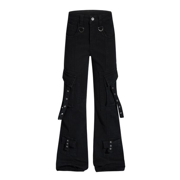 American High Street Vibe Style Flared Men's Niche Design Sense Tie Multi-Pocket Cargo Jeans Long Pants_viptrois.com