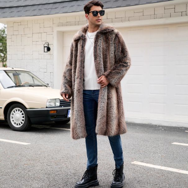 Long Faux Fur Coat For Men – Winter Oversized Collar Coat With Contrast Trim (S-XXXL, Brown, Plush Lining, Single-Breasted)_viptrois.com