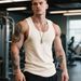 Men's Clothing Retro White Heavyweight Ribbed Shoulder Fitness Vest 100% Cotton Sports T-Shirt For Men For Formal & Casual_viptrois.com