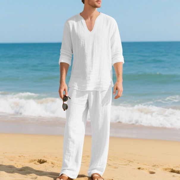 Men's Autumn Casual Beach V Neck Long Sleeve Top And Loose Linen Trouser Suit_viptrois.com
