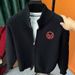 Unisex Vintage Letter Embroidery Sweater – Oversized Knit Cardigan With Dual Zippers & Badge Detail (S-XXL, Black/Grey, Stretch Polyester)_viptrois.com