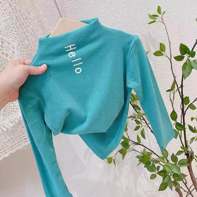 Kid's Clothing girls' bottoming shirts for babies, half high collar, solid color letters, internet celebrity T-shirt tops_viptrois.com