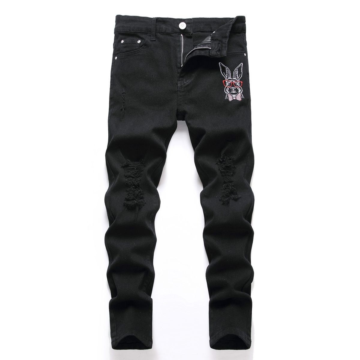 Kid's Clothing Boys' Pure Black Embroidered Ripped Elastic Denim Pants For Middle And Large Children Four Seasons_viptrois.com