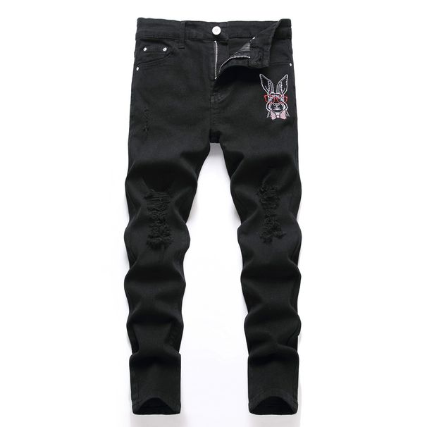 Kid's Clothing Boys' Pure Black Embroidered Ripped Elastic Denim Pants For Middle And Large Children Four Seasons_viptrois.com