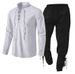 Men's Clothing Long Sleeve New European Size Cotton And Linen Henry Shirt Casual Beach Stand Collar Shirt Solid Color Two Piece Suit Spot Men_viptrois.com