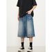 Retro Washed Lightning Pattern Denim Shorts American Street Style Straight Cut Casual Summer Overalls For Men And Women_viptrois.com