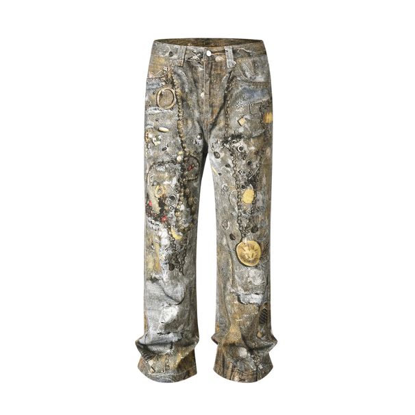 Men's Clothing high street washed loose wide leg silhouette digital printed pattern jeans_viptrois.com