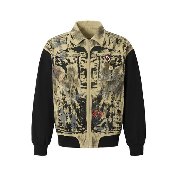 Abandoned Soil Style Vintage Tie Dye Denim Jacket, Men's Hip-Hop Trend Badge Design, Contrasting Color Splicing Jacket_viptrois.com