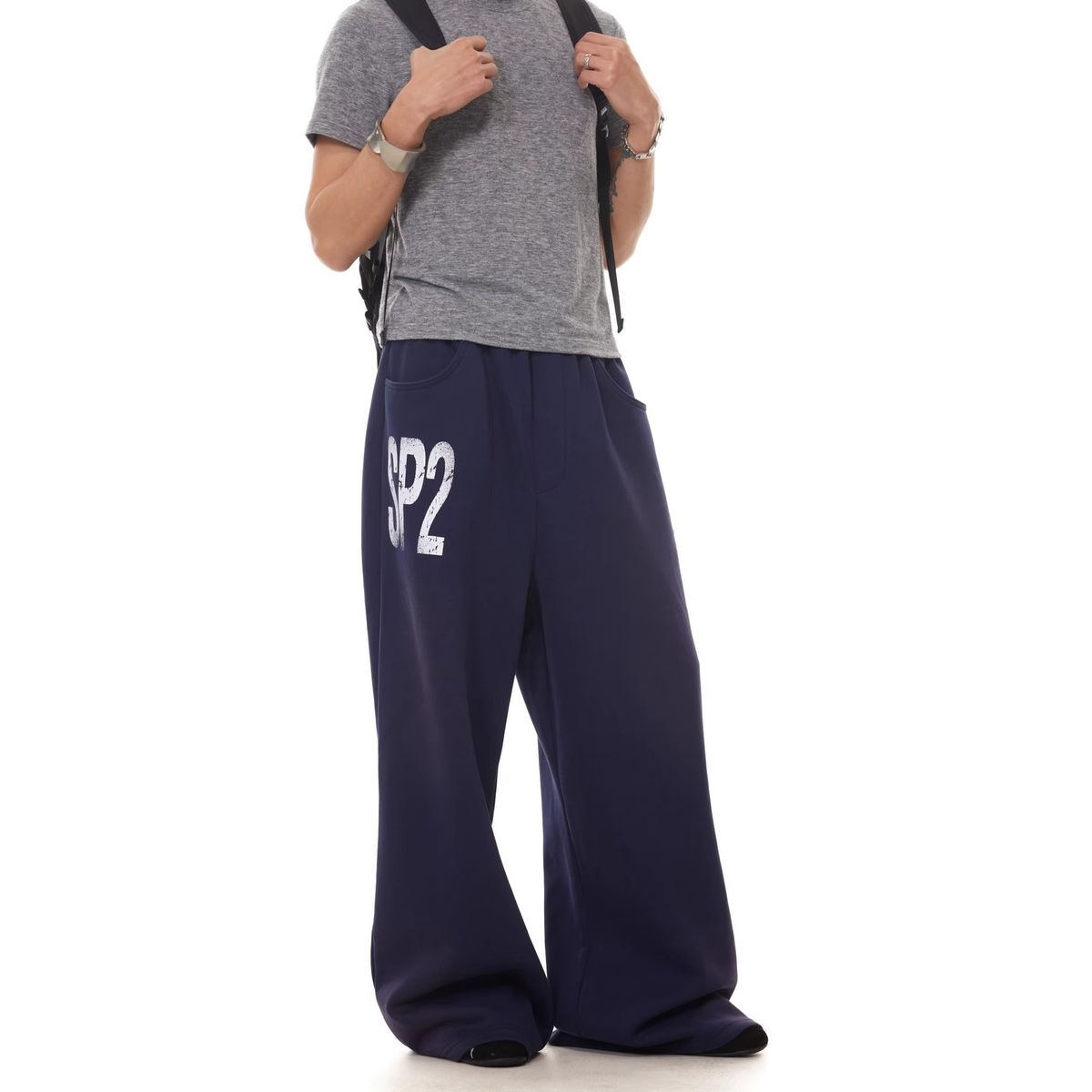 Men's Retro Baggy Sweatpants – Loose Fit Drawstring Waist With Letter Print (Yellow/Navy, Polyester-Cotton Blend, Streetwear Aesthetic)_viptrois.com
