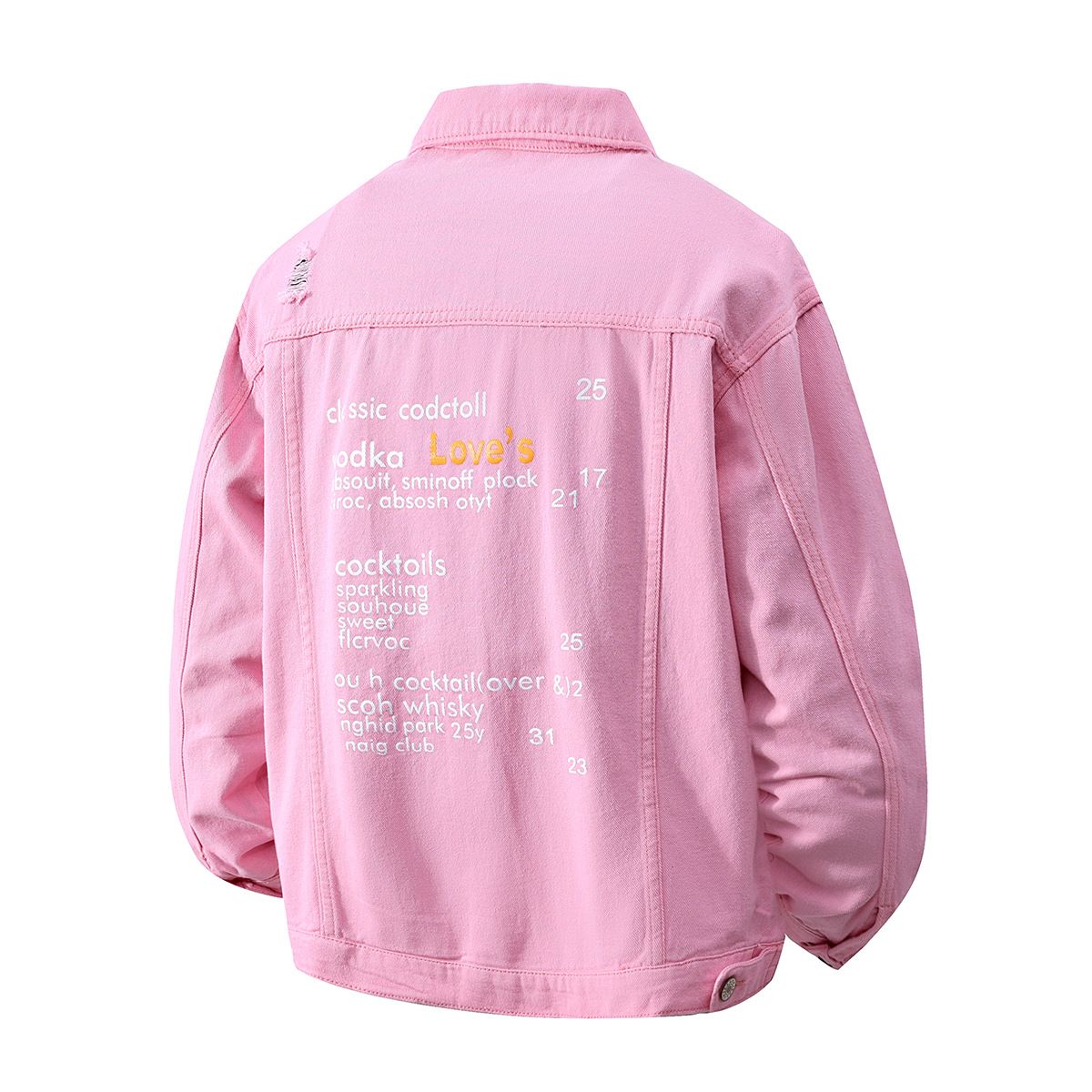 Men's Clothing Ripped Printed Denim Jacket Men's 2025 Autumn New Pink Shirt Top Trendy Letter Lapel Men's Jacket_viptrois.com
