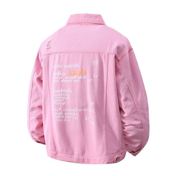 Men's Clothing Ripped Printed Denim Jacket Men's 2025 Autumn New Pink Shirt Top Trendy Letter Lapel Men's Jacket_viptrois.com
