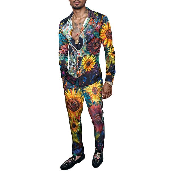 2025 Trendy Spring Summer Men Shirt Set Skull Print Fashion Flowers And Plants Two Piece Set Mens Printing Lightweight Party_viptrois.com
