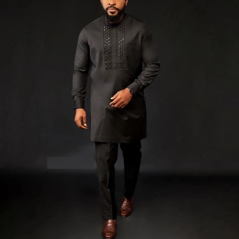 Men's Clothing Men's New Wedding Suit 2 Piece Men's Pants Suit Solid Color Round Neck Long Sleeve Festive Ethnic Style_viptrois.com
