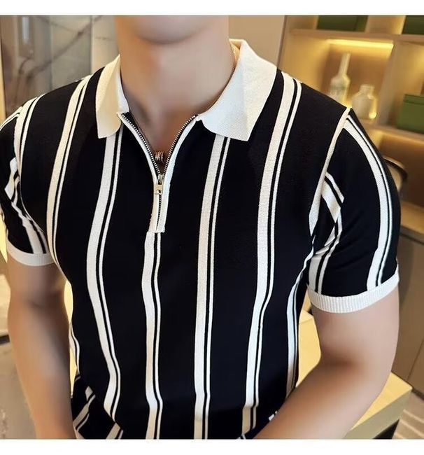 Men's Half Zip Polo Shirt Contrast Color Striped Short Sleeved Summer Trend Slim Fit Lapel Elegant Light Mature T-Shirt_viptrois.com