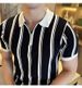 Men's Half Zip Polo Shirt Contrast Color Striped Short Sleeved Summer Trend Slim Fit Lapel Elegant Light Mature T-Shirt_viptrois.com